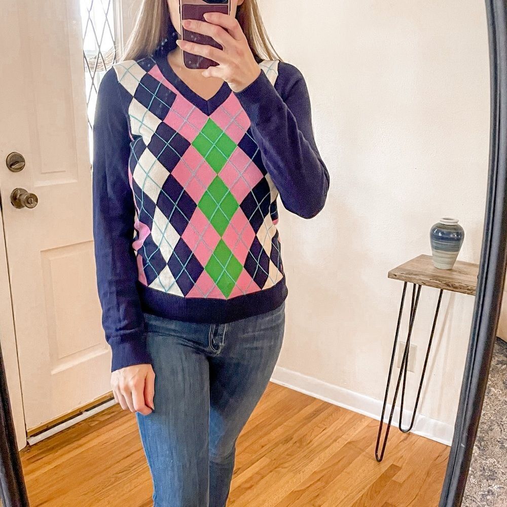 Lilly Pulitzer Argyle Plaid V Neck Sweater